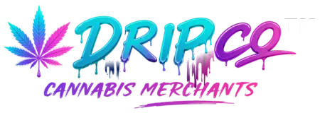 Dripco Cannabis Merchants logo with pink-purple cannabis leaf and teal-purple lettering