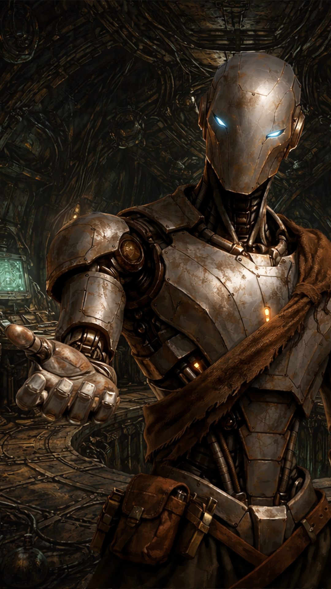 A metallic robot with glowing blue eyes extends its hand in a gesture of invitation, set against a dark, industrial backdrop - Ashes the Campaign