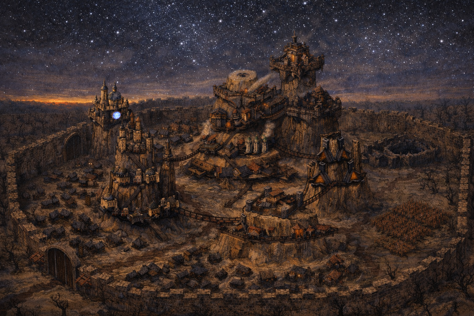 Arkon Polis, stone fortress sits inside a walled compound under a starry night sky, with glowing lights emitting from the structures - Ashes the Campaign