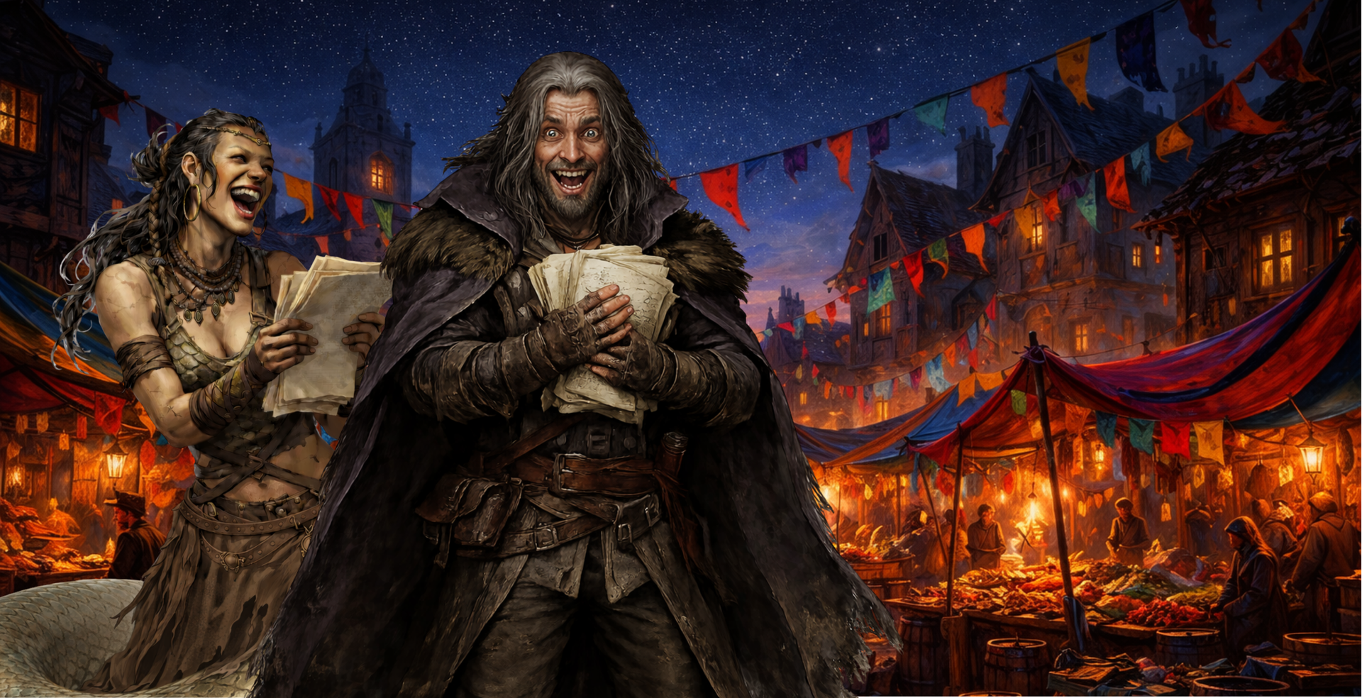 Mulga and Balon, two people holding stacks of papers and laughing in a bustling, festive, torch-lit night market with colorful banners - Ashes the Campaign
