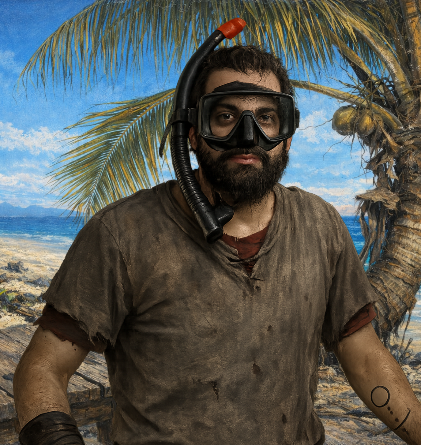 The Dungeon Master, a man with a beard, wearing a mask and snorkel, stands on a beach with a palm tree in the background - Ashes the Campaign
