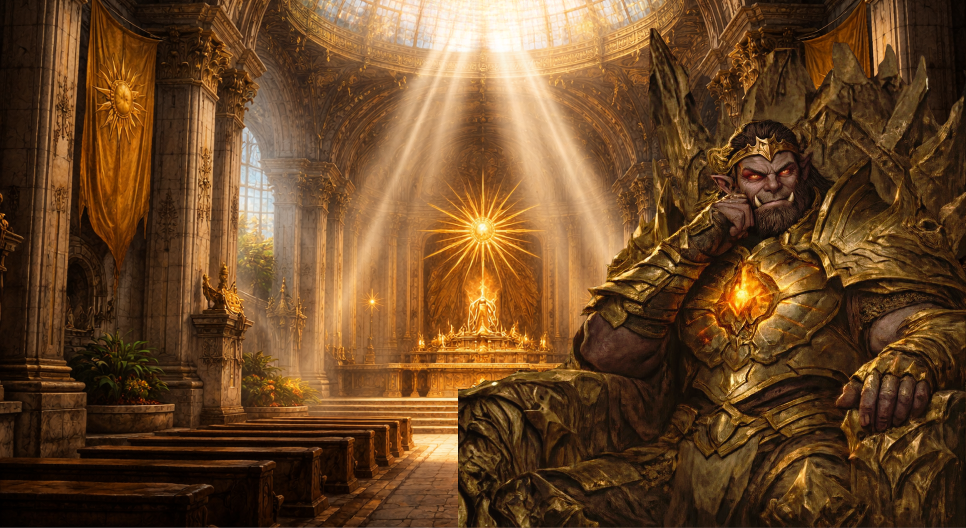 Grimgor Solhammer, a golden-armored orcish figure sits on a throne in a sunlit, ornate temple with stone pillars and light streaming from above - Ashes the Campaign