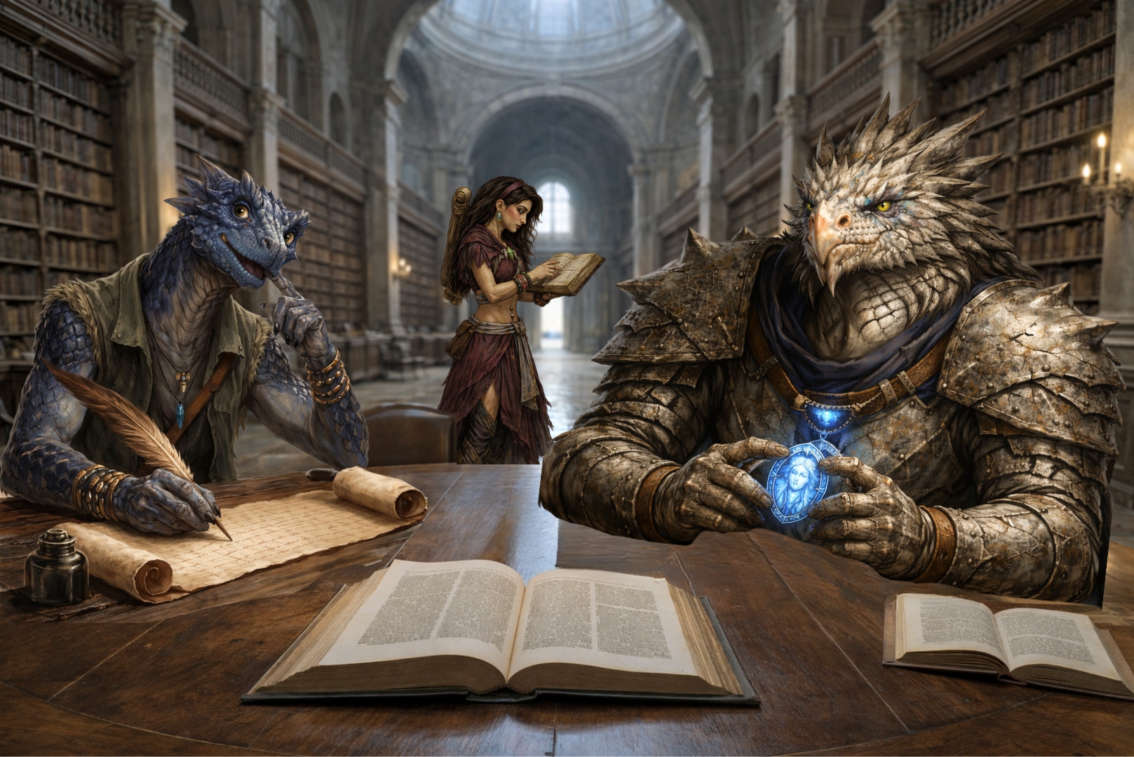 Zirik, Tohu and Celine, Two reptilian beings and a woman study inside a grand, book-lined library. One creature writes while the other holds magic - Ashes the Campaign
