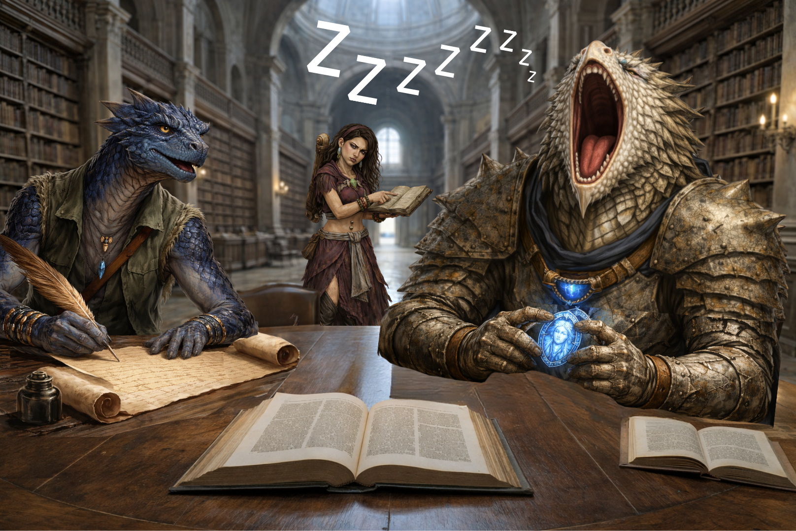 Zirik, Tohu and Celine, Two dragon-like creatures in a library; one writes at a table while the other yawns with - Ashes the Campaign