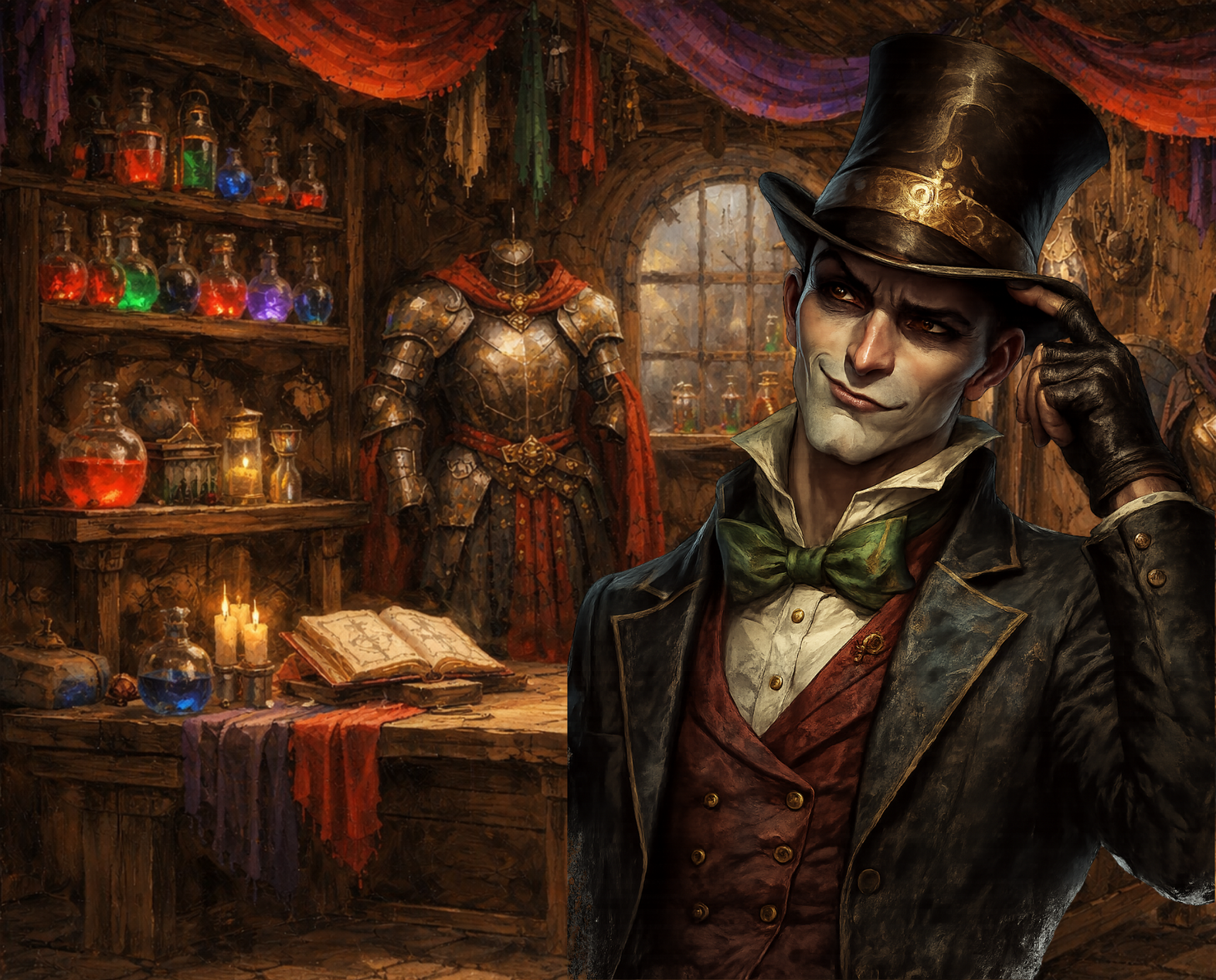 Mystic Marvin, a pale, smiling man in a top hat and formal wear stands in a dimly lit, cluttered alchemist's shop with glowing potions - Ashes the Campaign