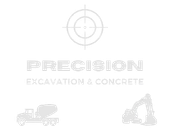 Logo for Precision Excavation & Concrete with target icon, company name, and equipment silhouettes.