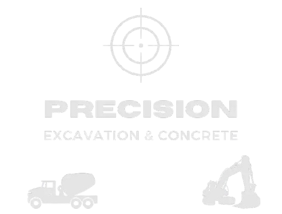 Logo for Precision Excavation & Concrete with target icon, company name, and equipment silhouettes.