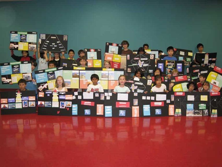 A large group of elementary students proudly present their colorful trifold display boards and research projects during a school academic showcase.