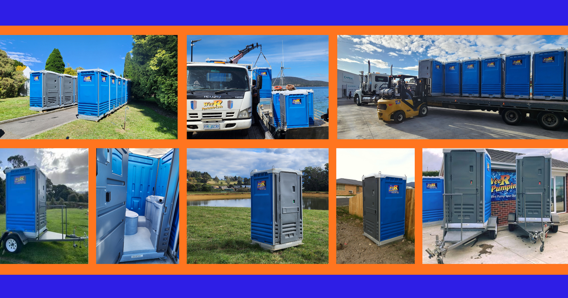 Collage Of Blue Portable Toilets And Service Trucks In Outdoor Settings — Wee R Portable Loos in Glenorchy, TAS