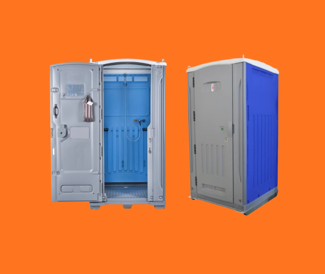 Two portable toilets on an orange background, one open showing a blue interior, one closed - Wee R Portable Loos in Glenorchy, TAS