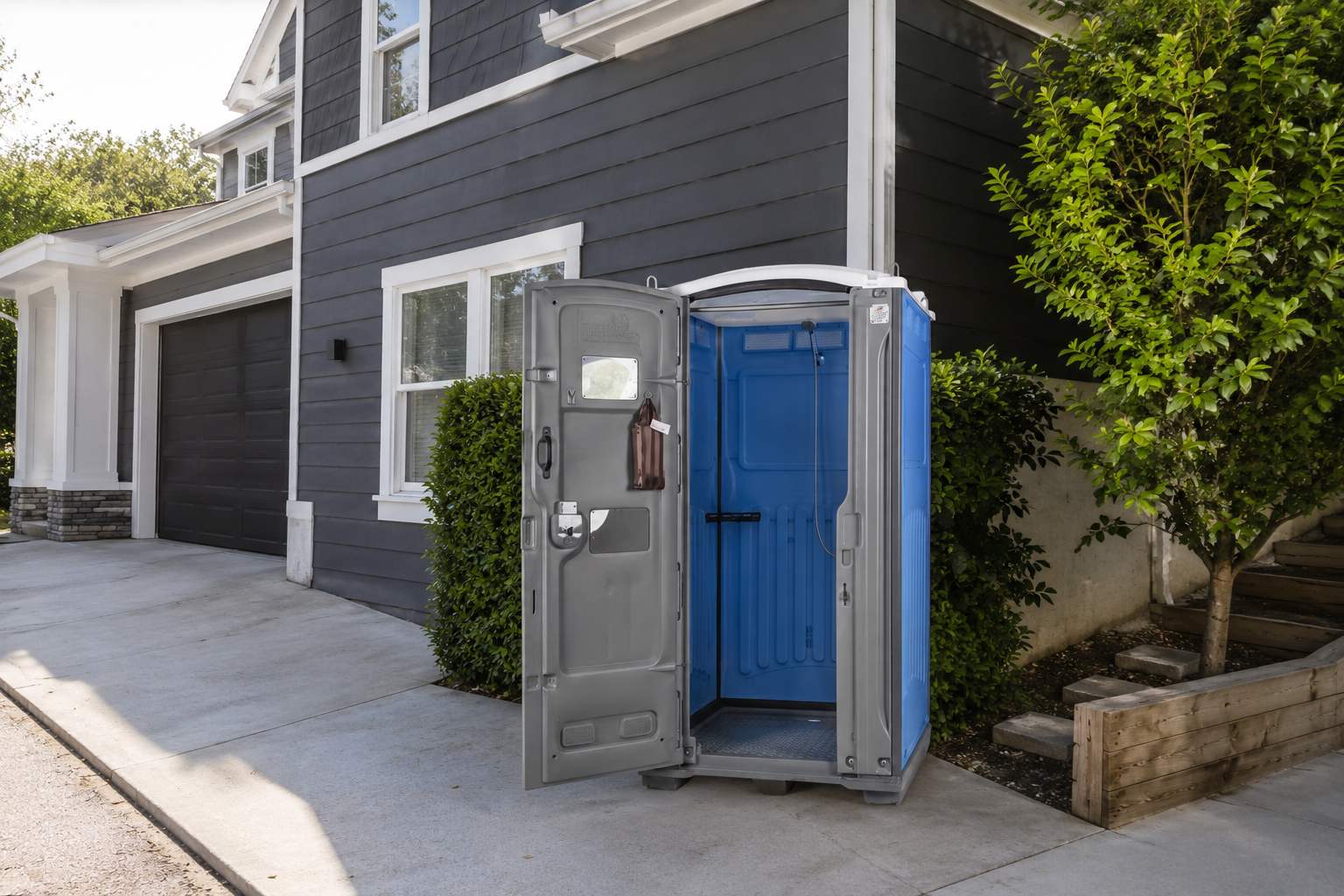 Blue Portable Shower on a Grassy Lakeside Under a Partly Cloudy Sky — Wee R Portable Loos in Glenorchy, TAS