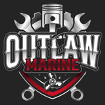 Outlaw Marine logo with wrench, piston, and anchor in black, white, and red