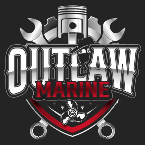 Outlaw Marine logo with wrench, piston, and anchor in black, white, and red
