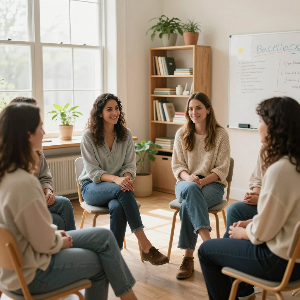 Vier mensen zitten in een lichte kamer voor een groepsgesprek, met een whiteboard en boekenplanken op de achtergrond.