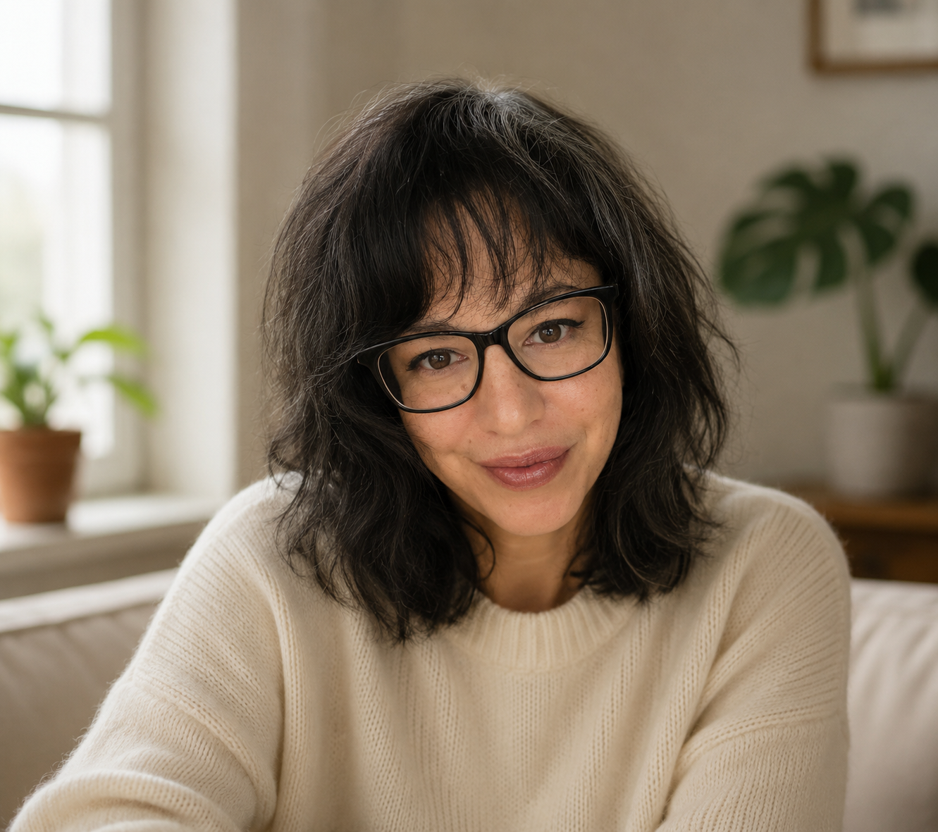 Vrouw met bril lacht in een gezellige kamer, gekleed in een beige trui, met planten en een raam op de achtergrond.