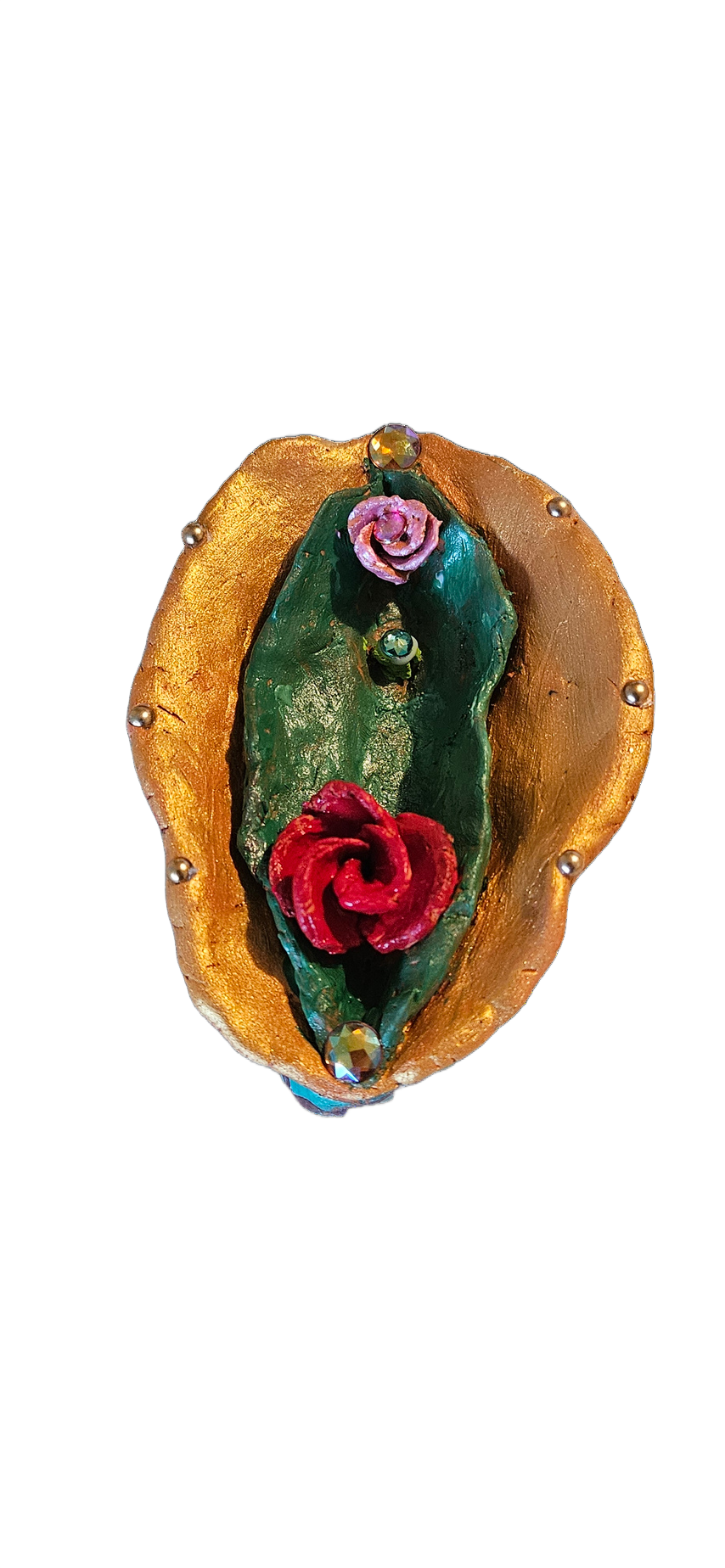Abstracte groene en gouden ovale vorm met roze en rode bloemdetails.