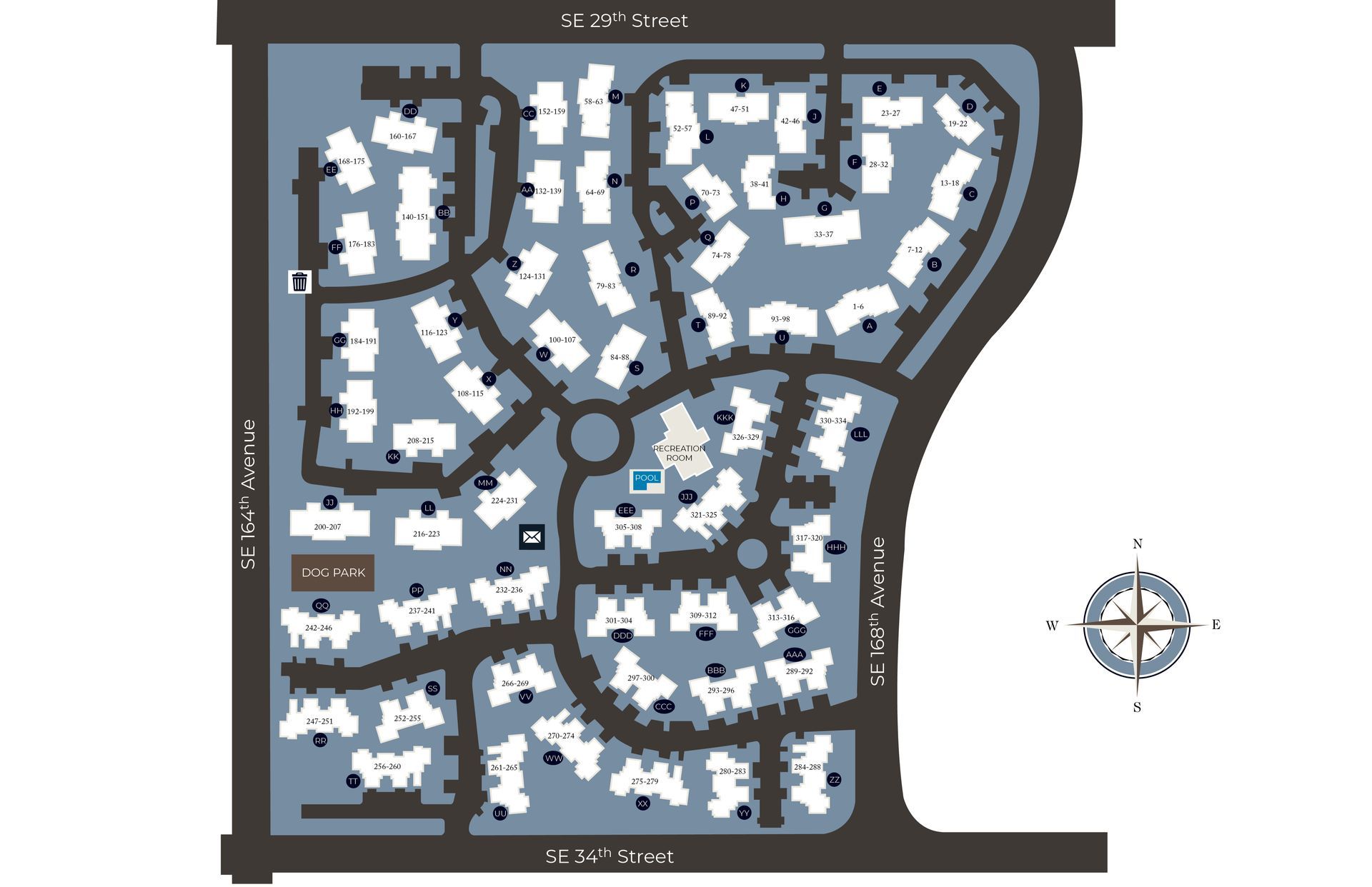 A blue-and-white floor plan map with winding paths and a compass icon on the right at Slate Ridge.