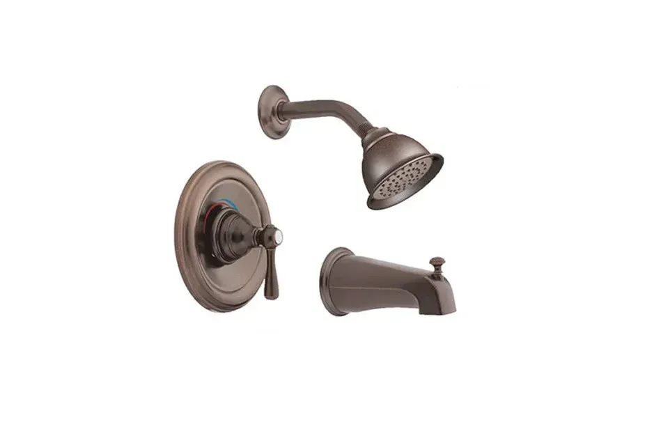 Bronze shower fixture set with wall mount, showerhead, and tub spout on white background