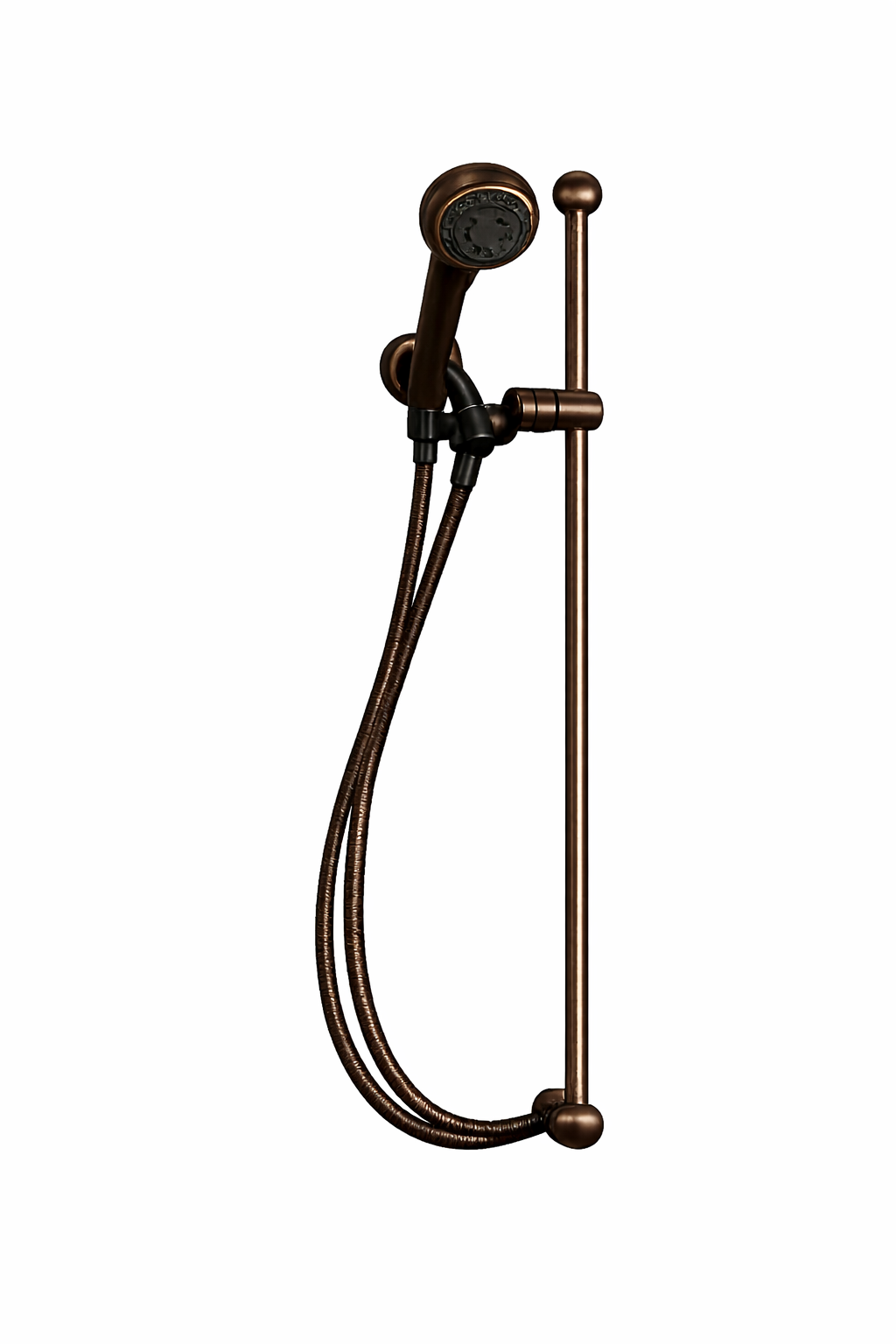 Vintage brass shower caddy with curved support rod and hanging hose loop