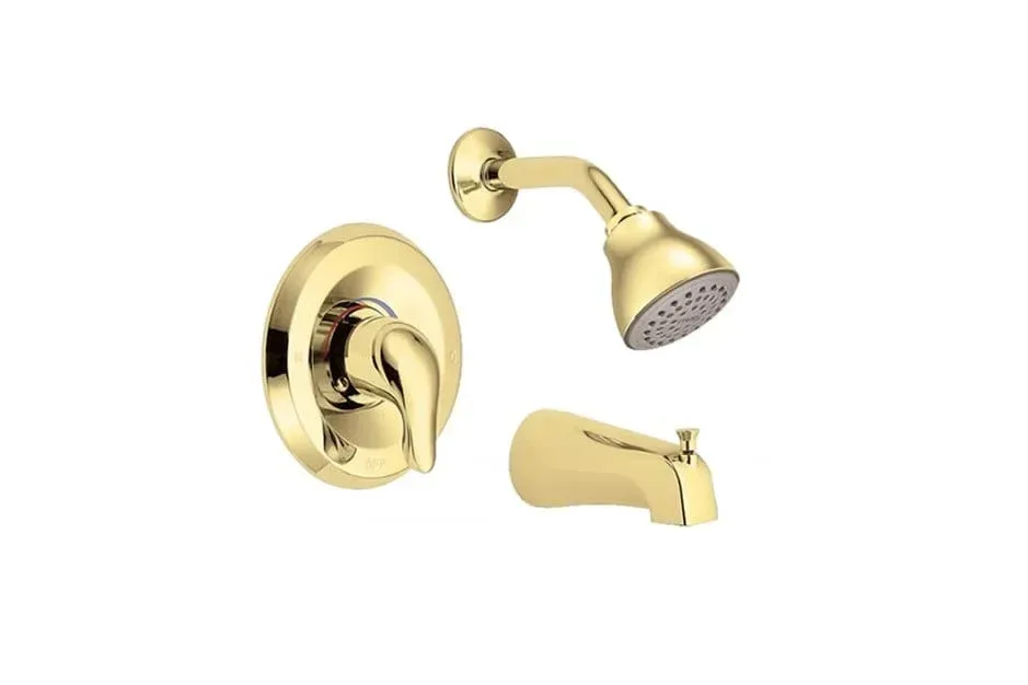Gold shower faucet set with wall valve, showerhead, and spout