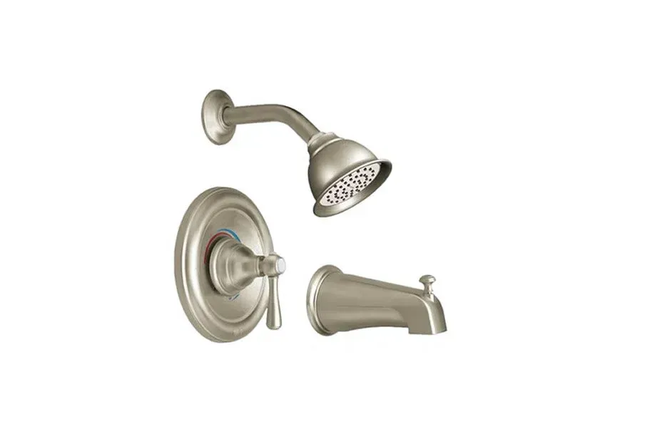 Wall-mounted shower fixture with chrome showerhead, faucet handle, and tub spout on a white background