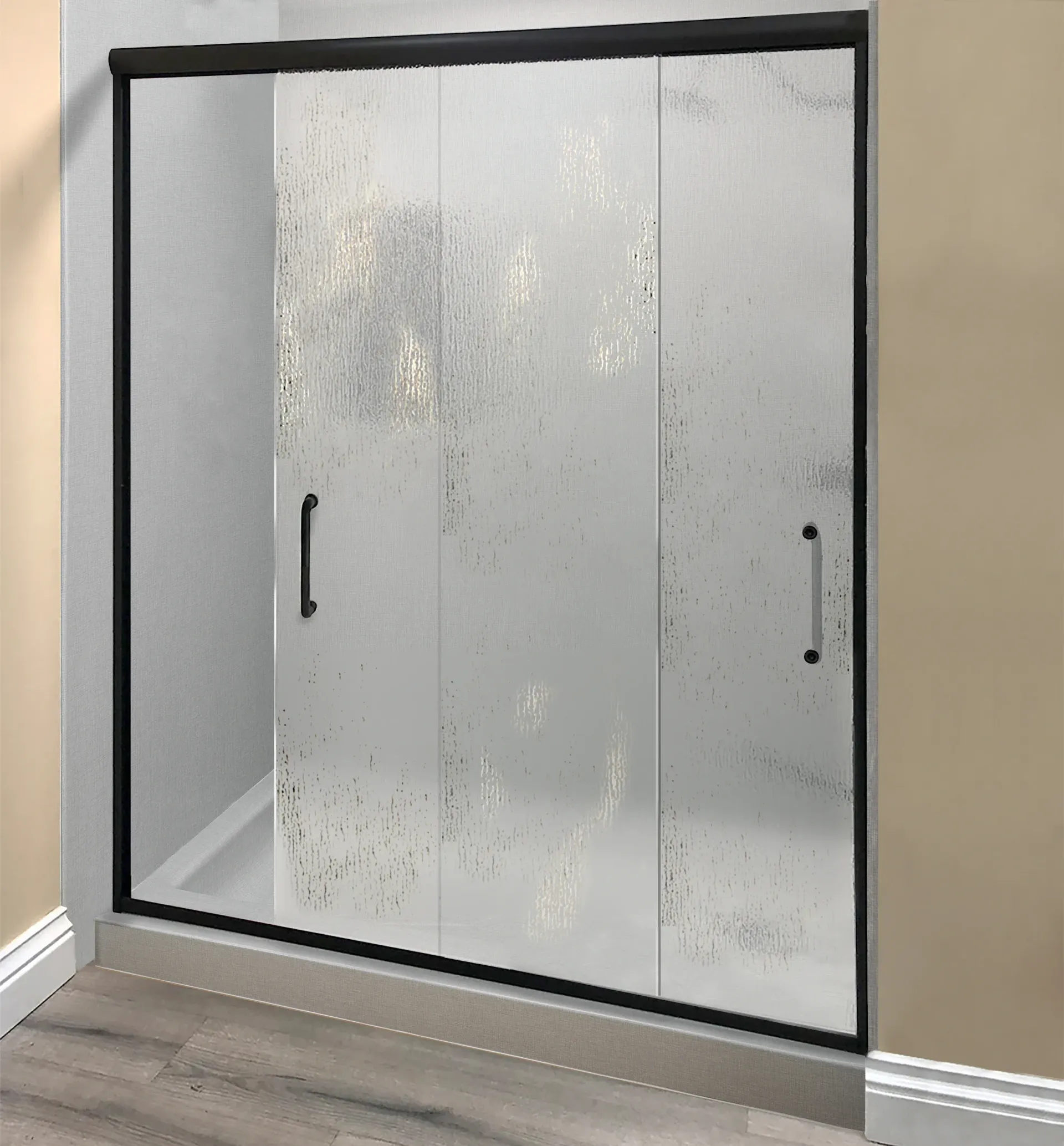 Frosted glass shower enclosure with black frame and handles in a beige bathroom corner