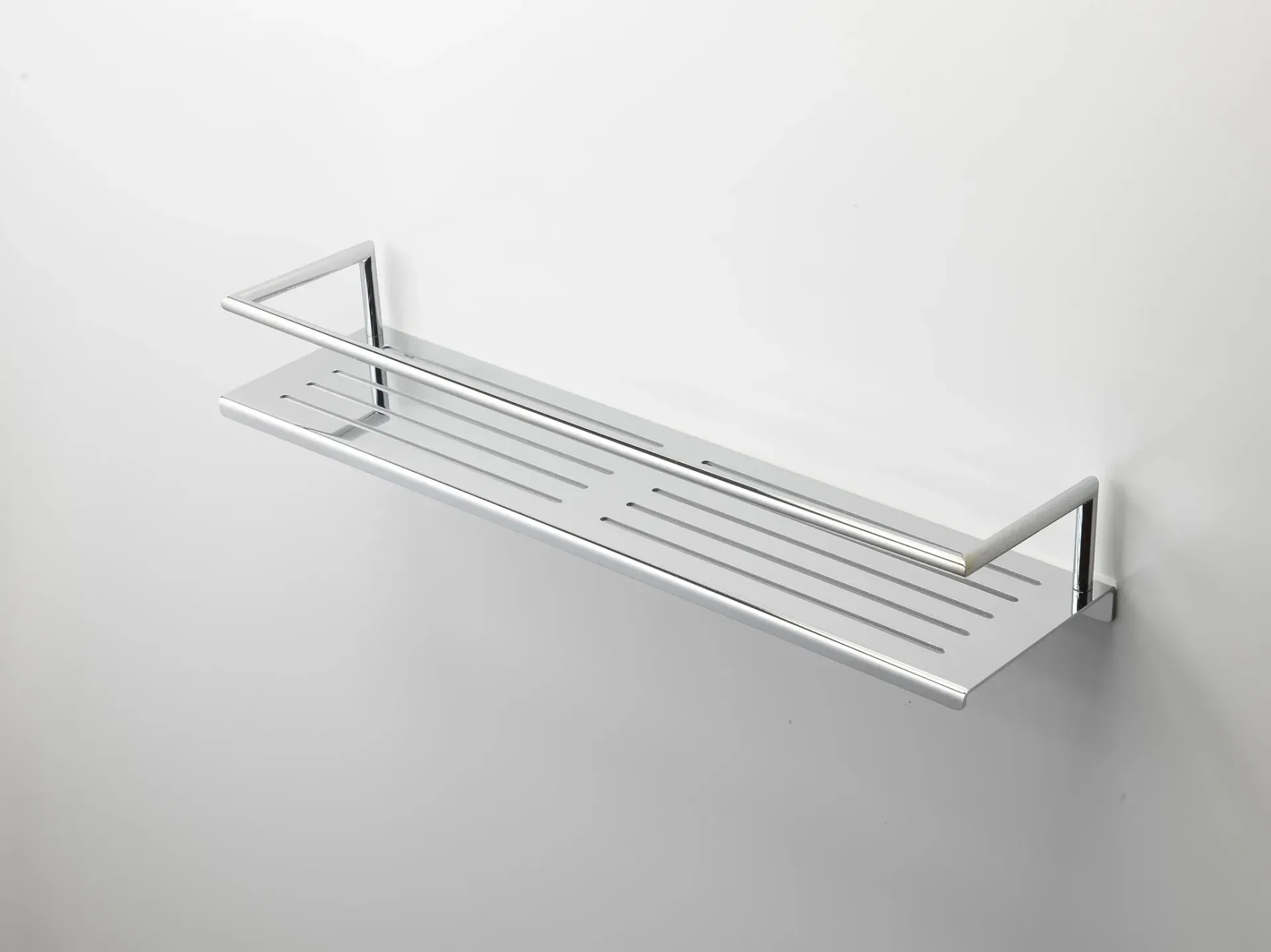 White metal wall-mounted wire shelf with side brackets on a plain white background