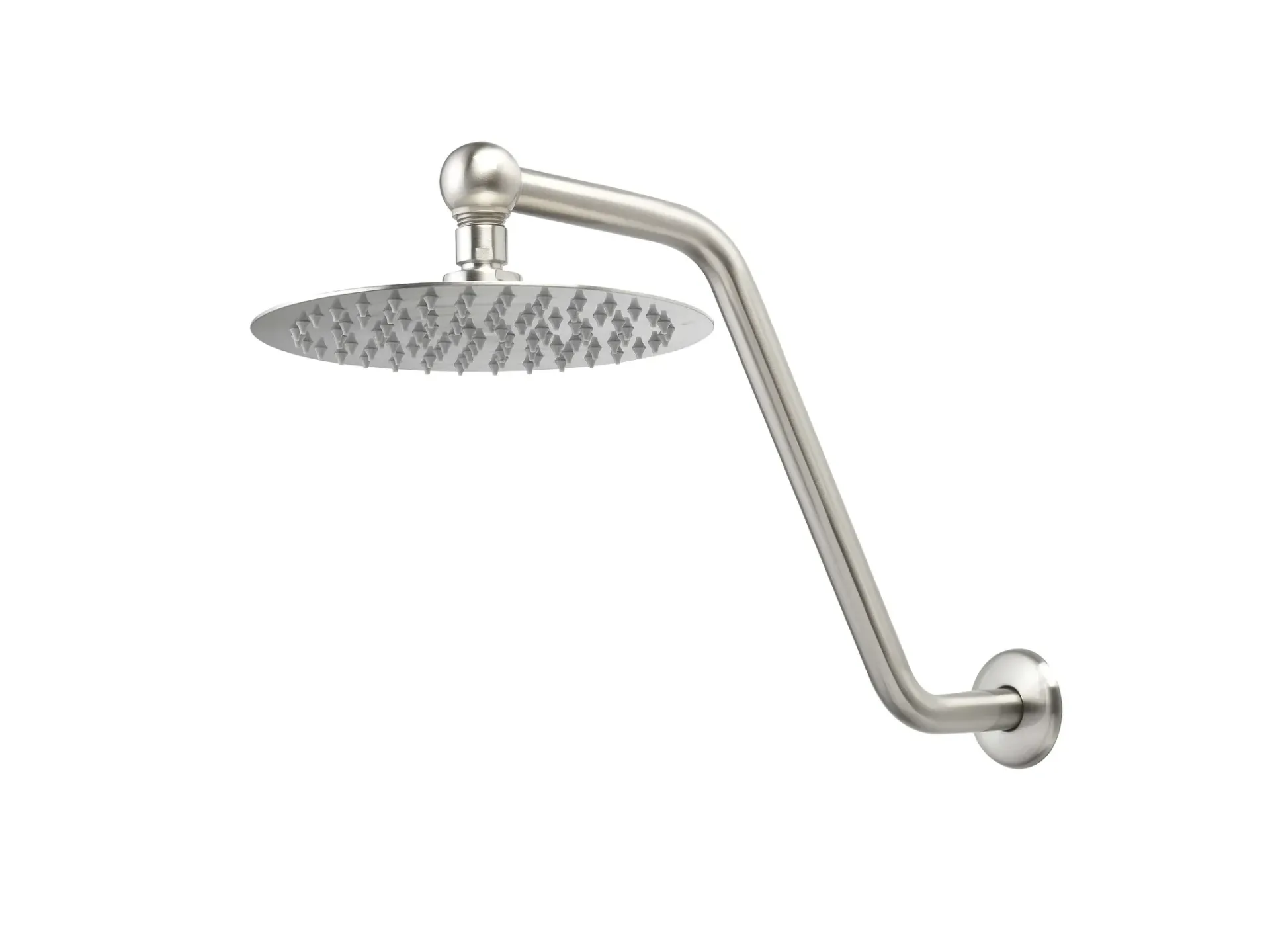 Chrome shower arm with round rainfall showerhead on a white background