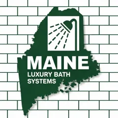 Maine Luxury Bath Systems logo on a green Maine silhouette with a shower icon and white brick background