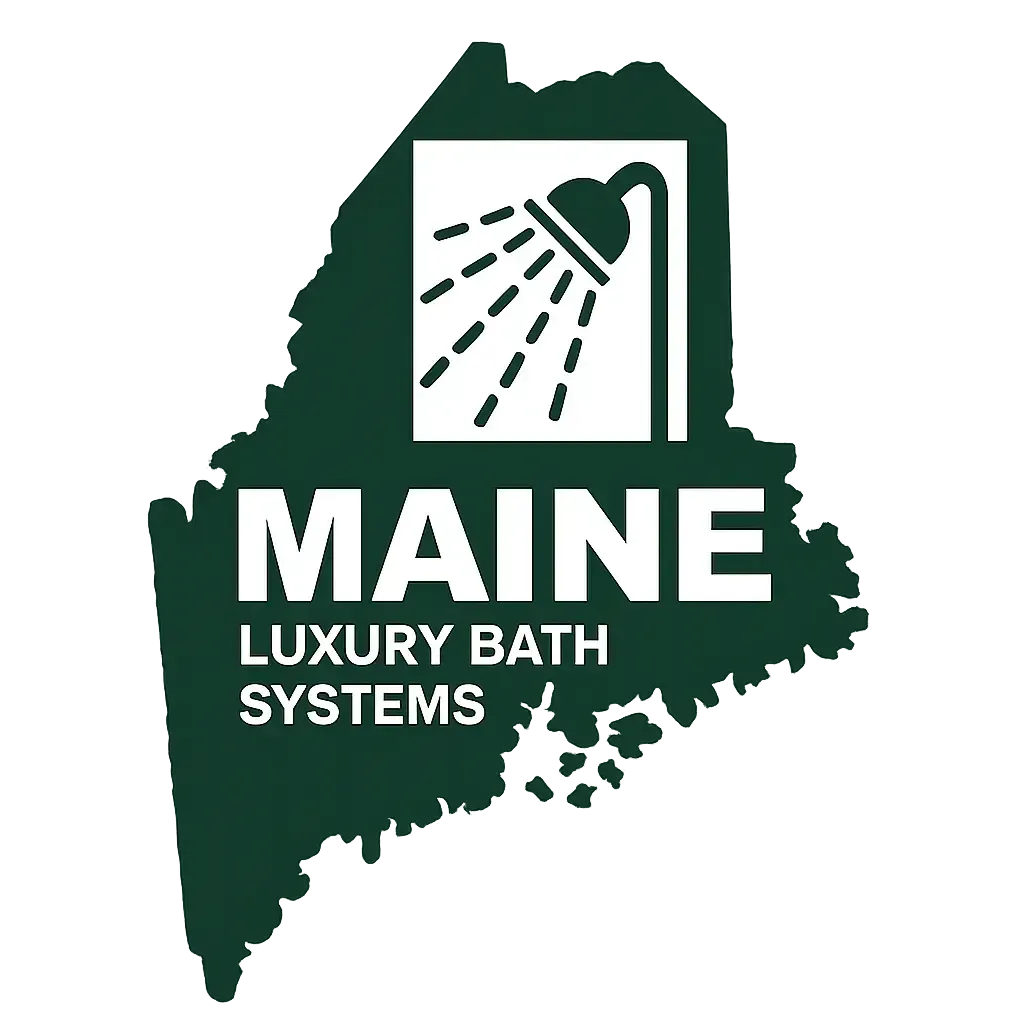 Maine Luxury Bath Systems logo with a dark green Maine silhouette and shower icon