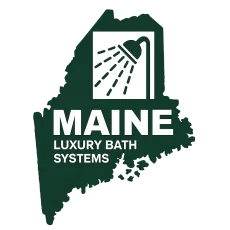 Maine Luxury Bath Systems logo with a dark green Maine silhouette and shower icon