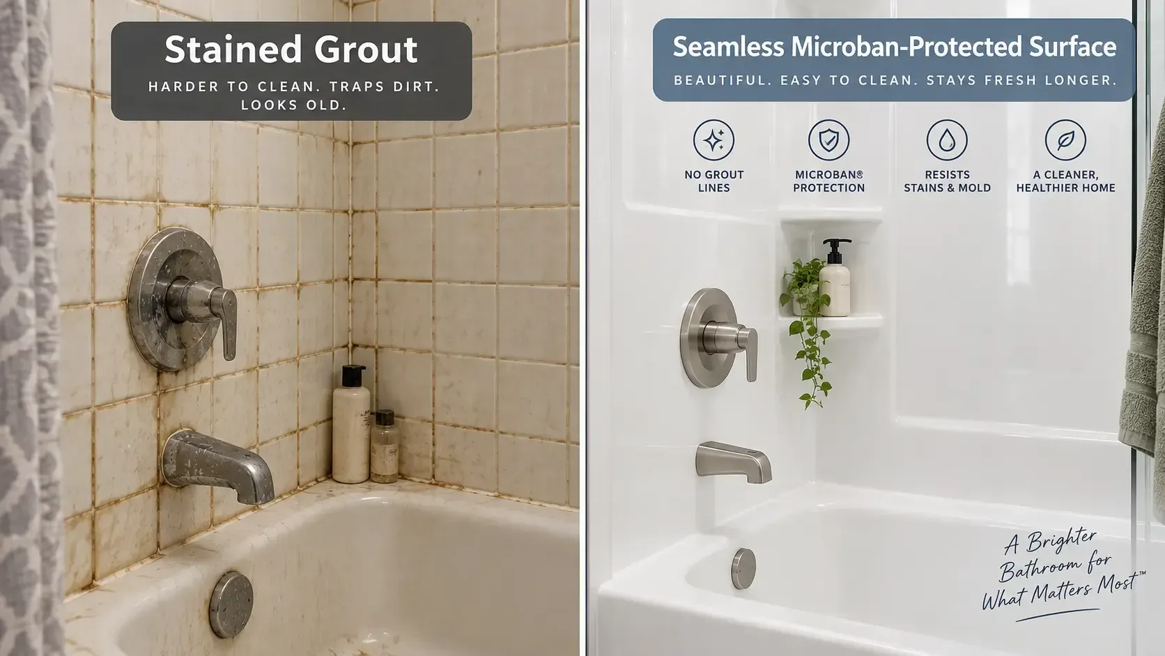 Split image: stained grout in a bathtub and a clean white tub with mirror-protected surfaces.