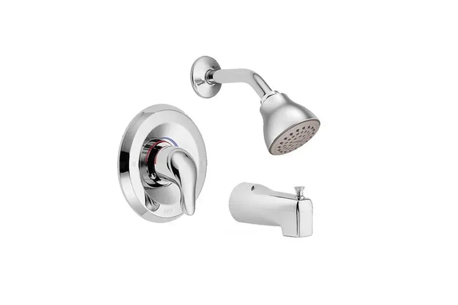 Chrome shower faucet set with round control plate, tub spout, and handheld showerhead