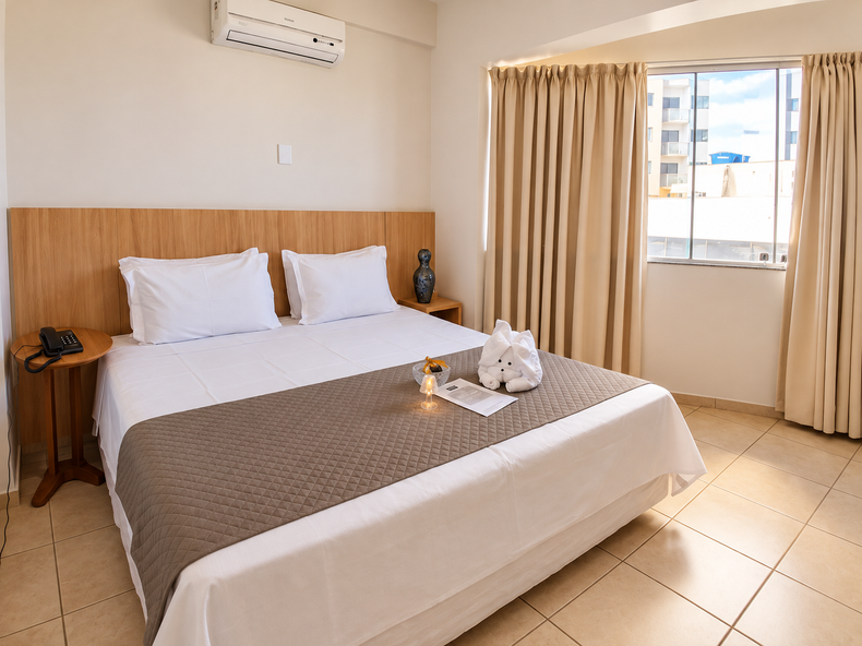 Quarto de hotel iluminado, com uma cama bem arrumada, cortinas bege e uma janela que deixa entrar a luz do dia.