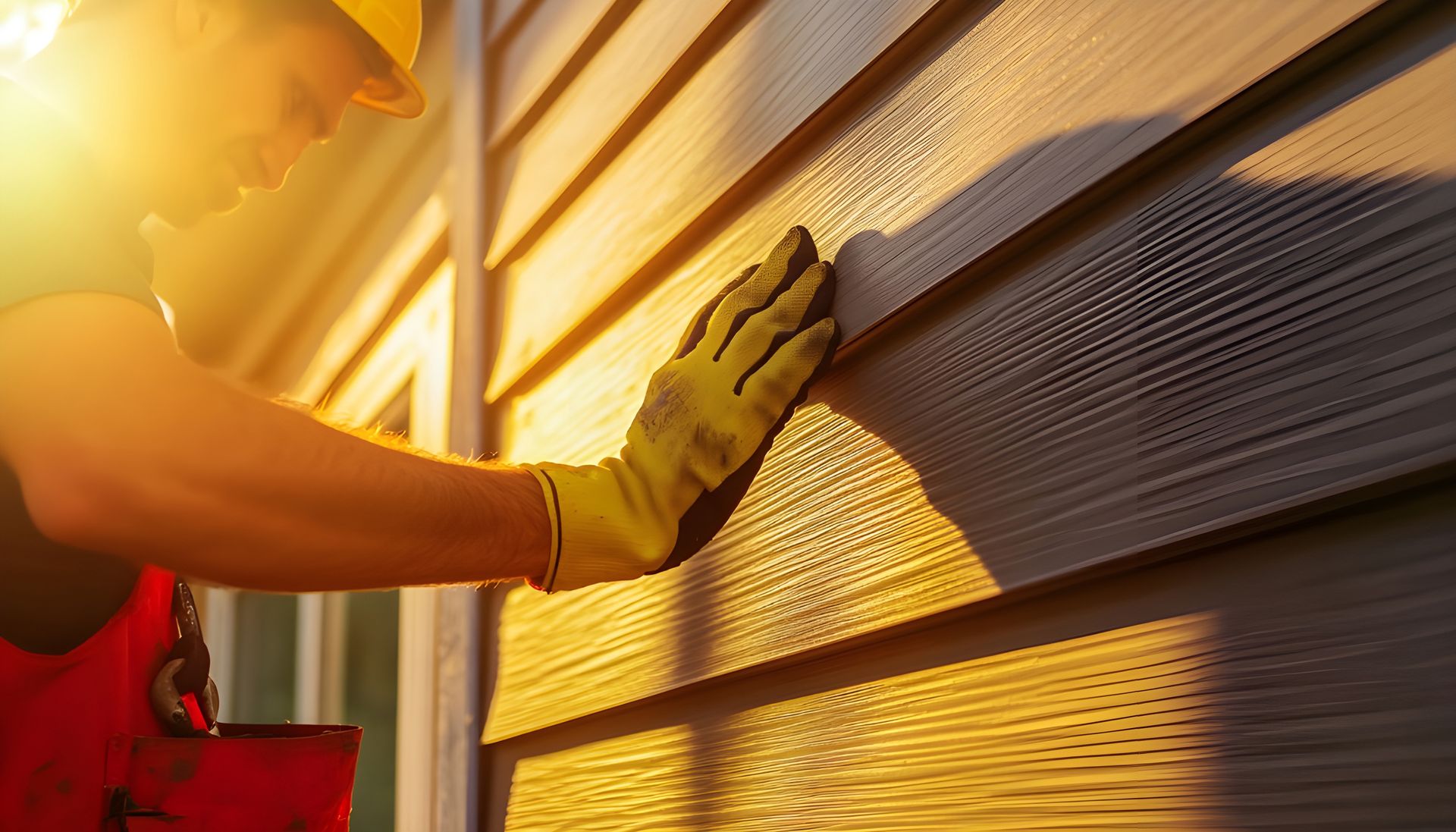 Person using a drill to install light-colored vinyl siding onto a wooden wall outdoors.