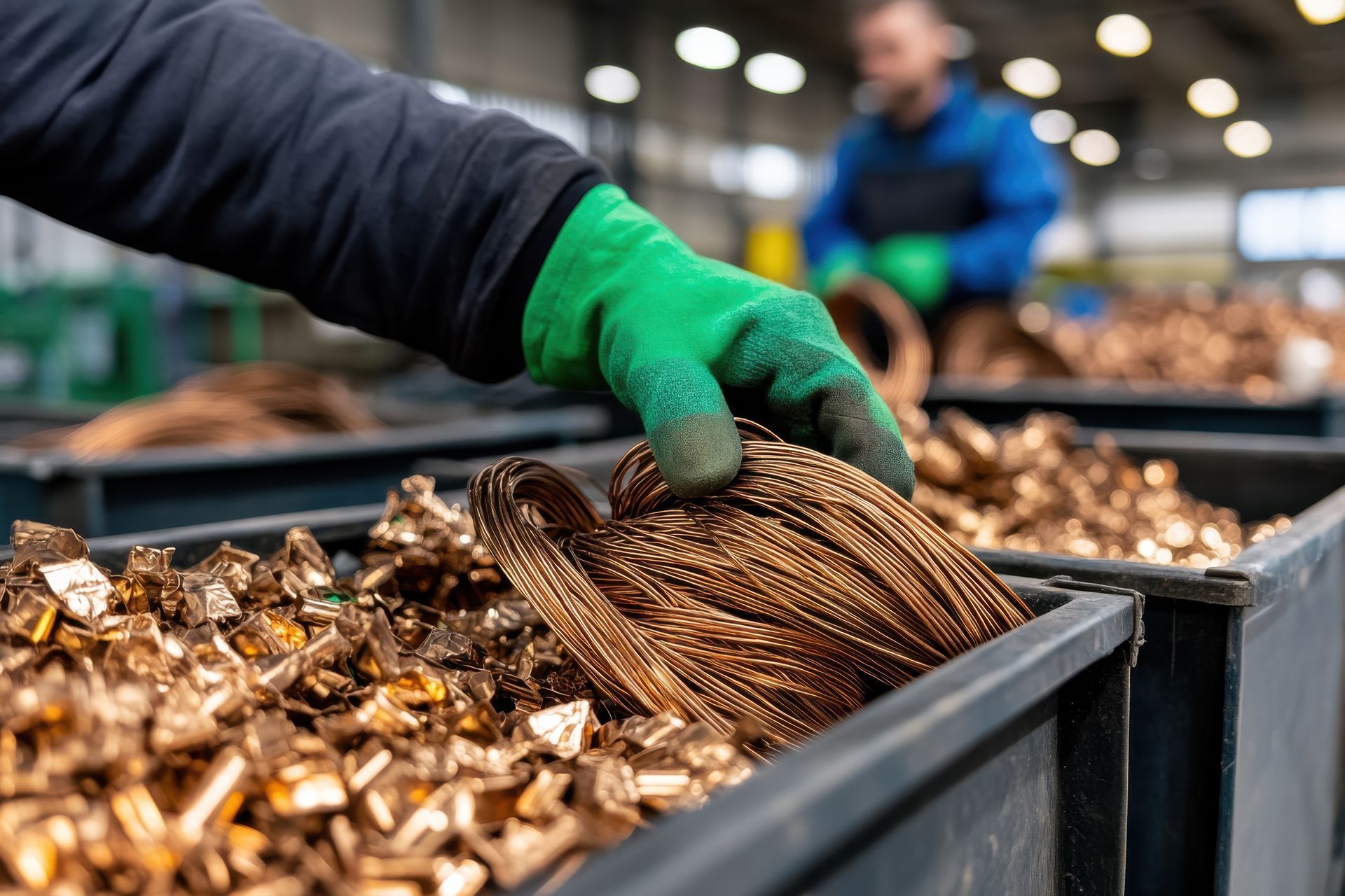 Worker sorting copper scrap wire into a recycling bin