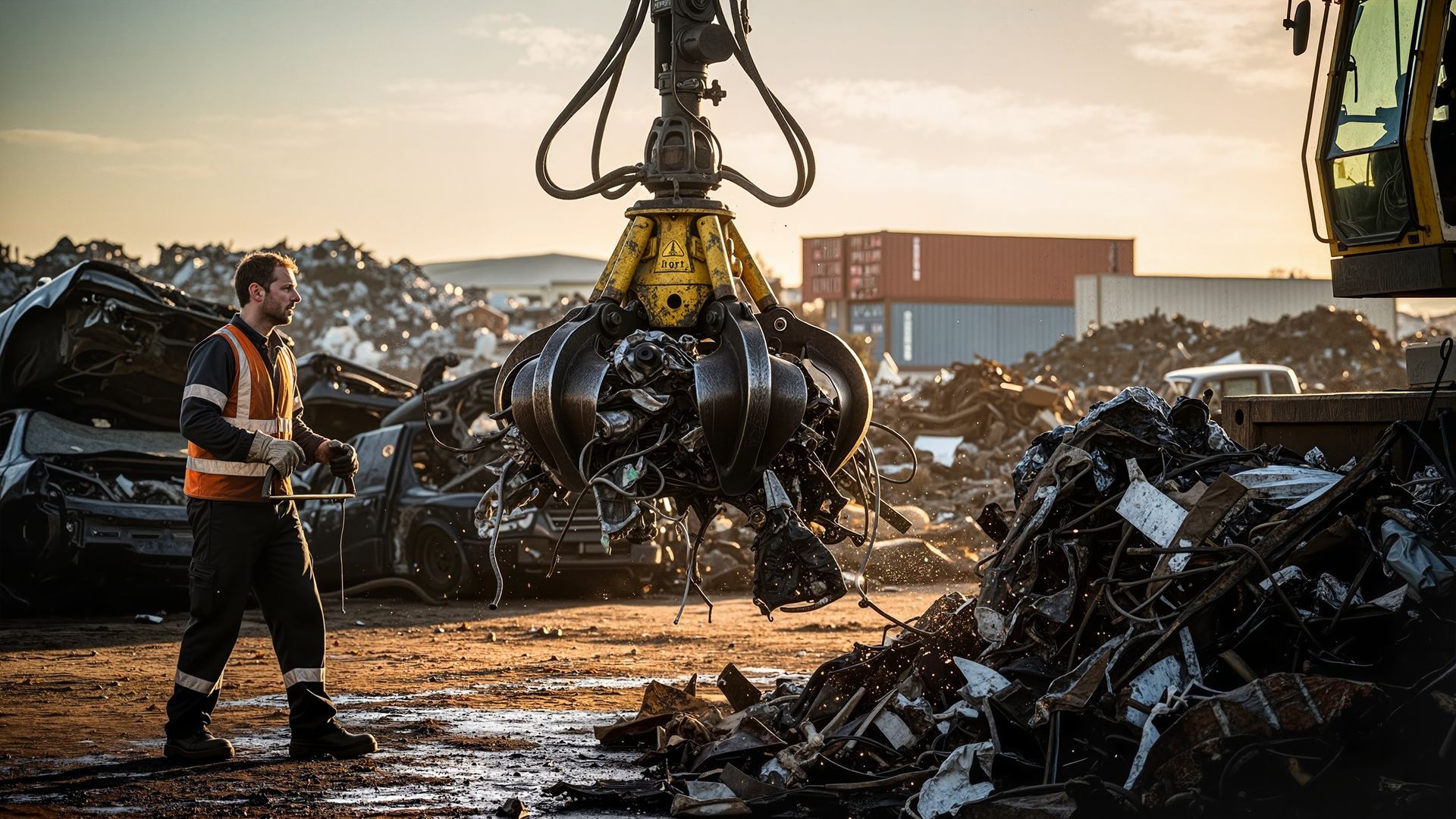 Scrap yard worker in high-visibility gear operating a hydraulic claw crane over a pile of automotive scrap metal