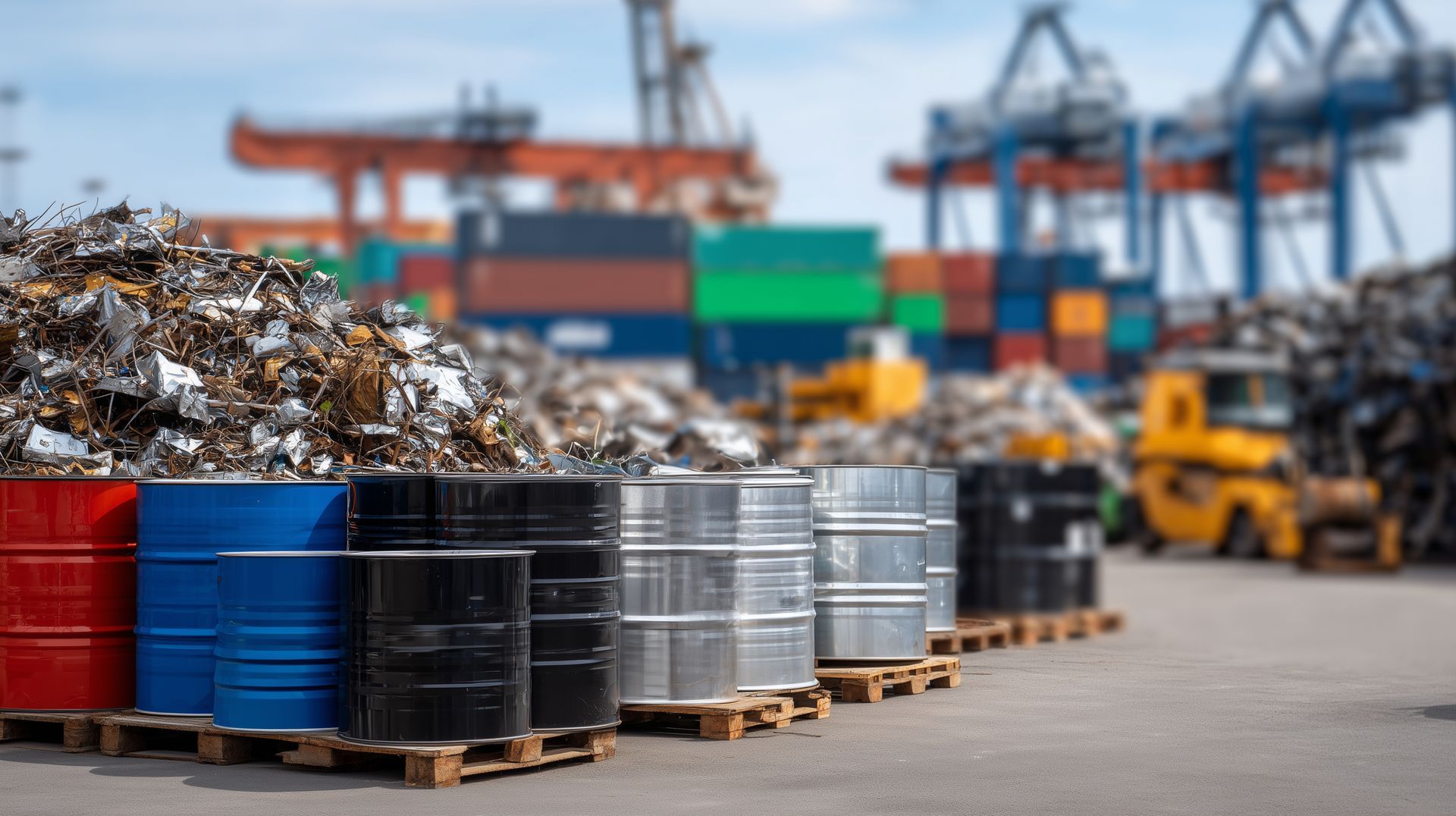 Metal drums and scrap piles at an industrial recycling facility