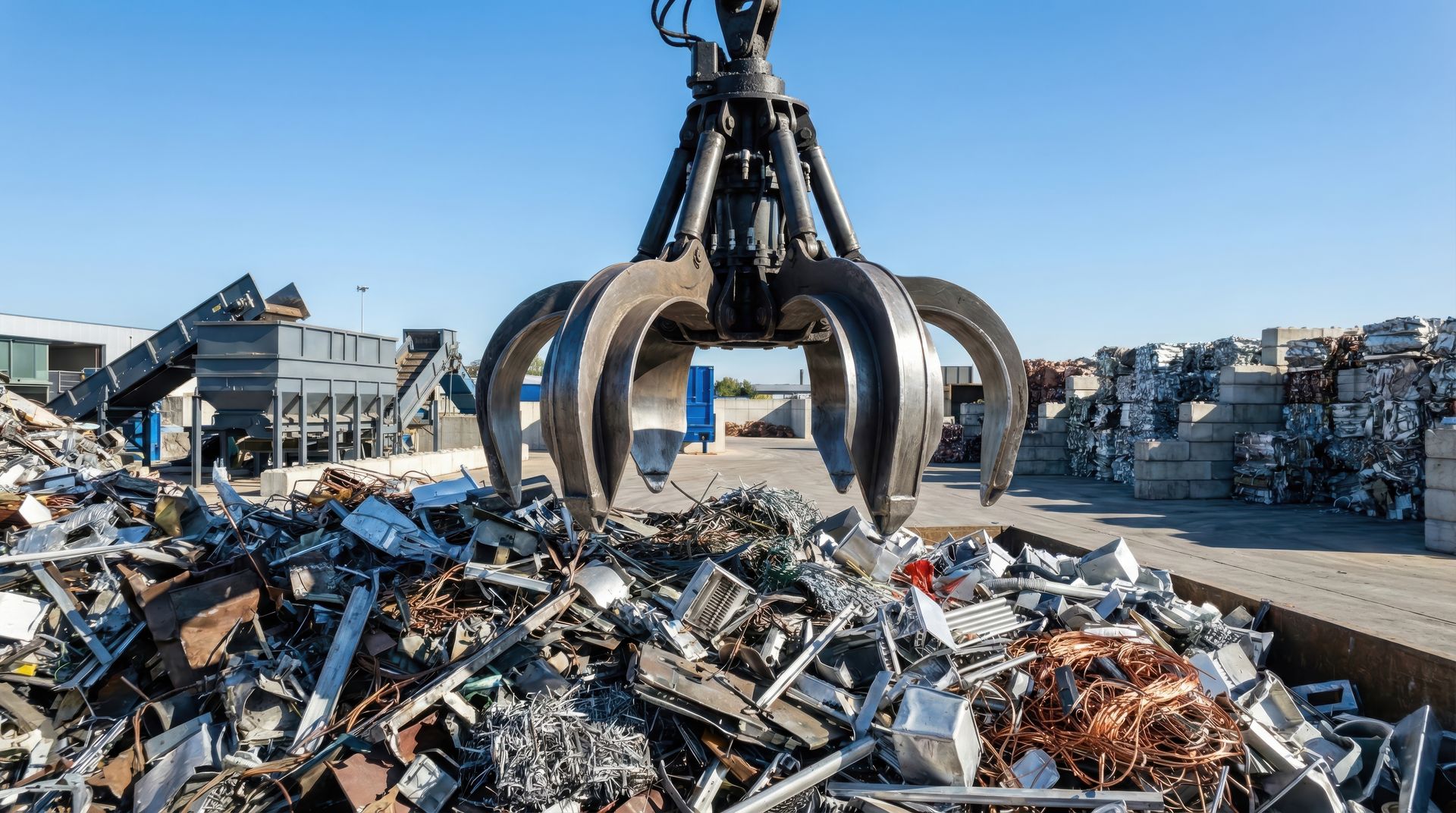 Scrap metal recycling facility with hydraulic claw crane sorting mixed metal and copper wire at a commercial yard