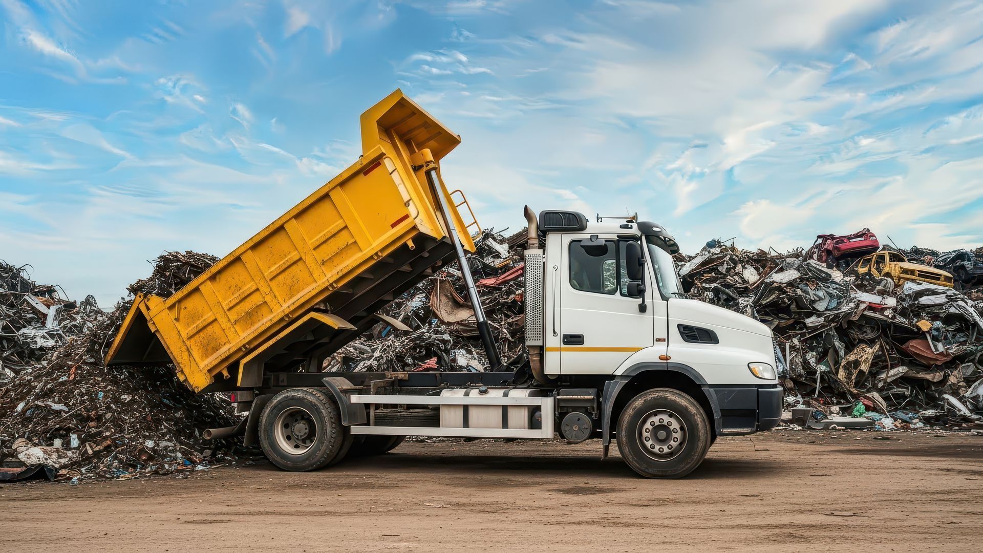 Dump truck unloading scrap metal at a recycling yard