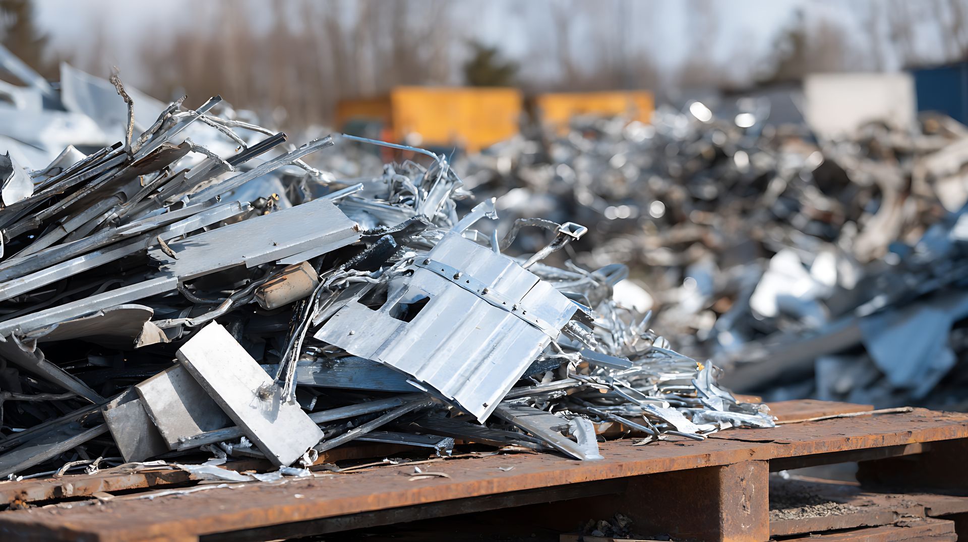 Large pile of mixed commercial aluminum and metal scrap at an industrial recycling facility