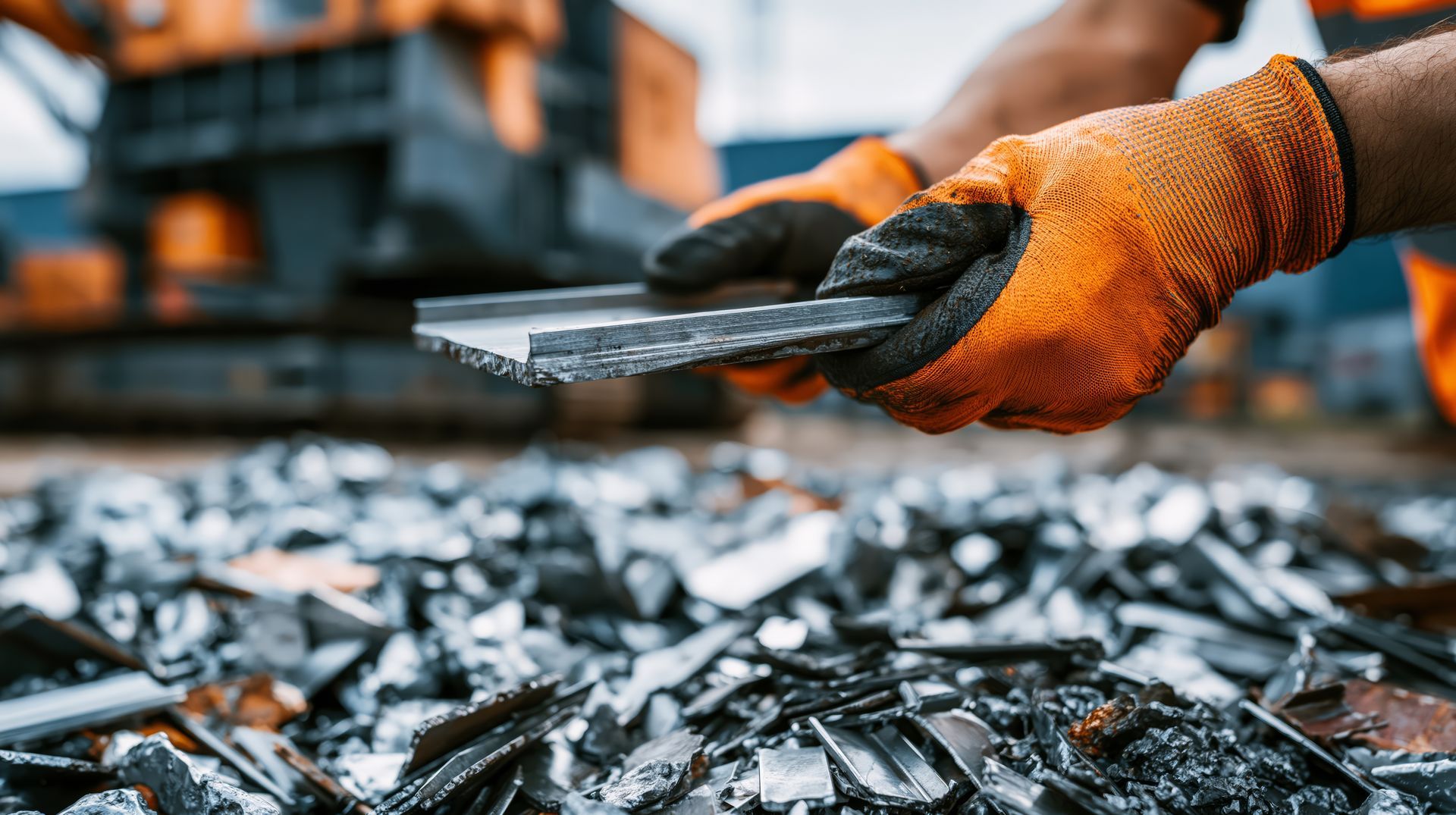 Worker sorting metal pieces by hand at a recycling facility