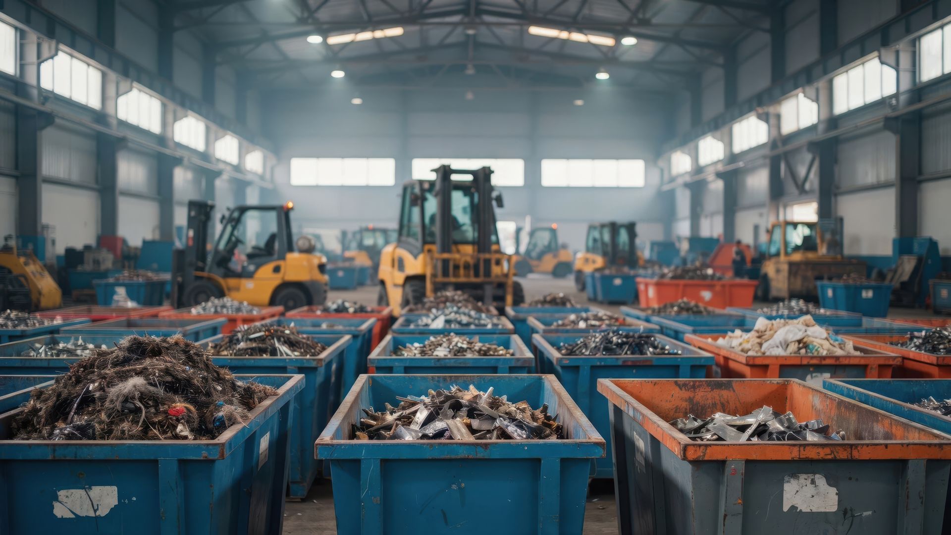 Large-scale commercial scrap metal recycling facility with sorted metal bins and industrial equipmen