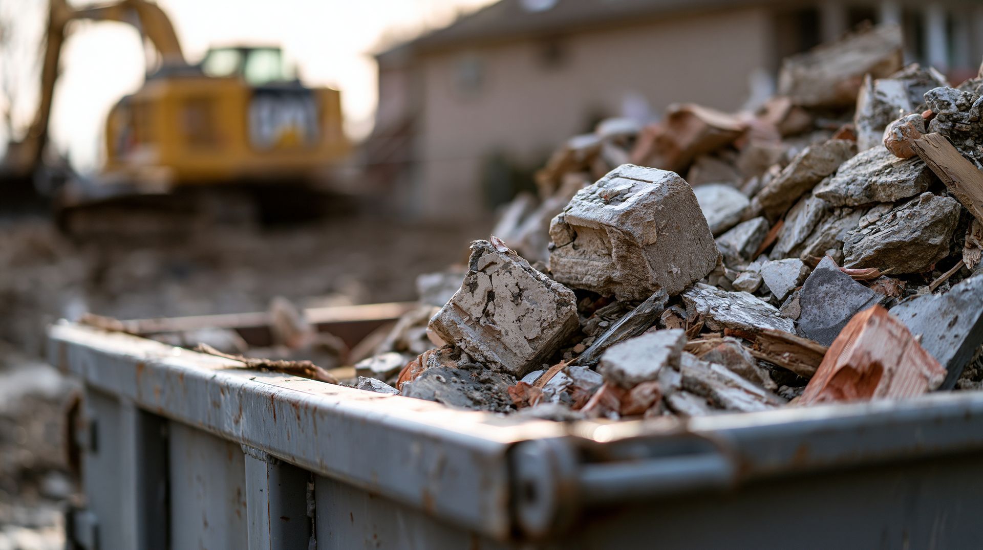 Construction debris container filled with demolition rubble on a job site