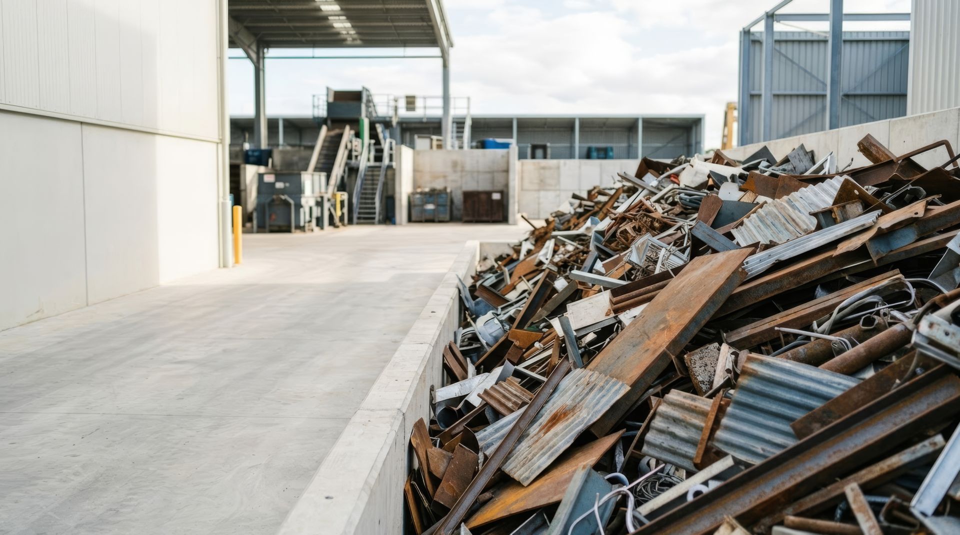 Pile of scrap metal at a recycling yard loading area