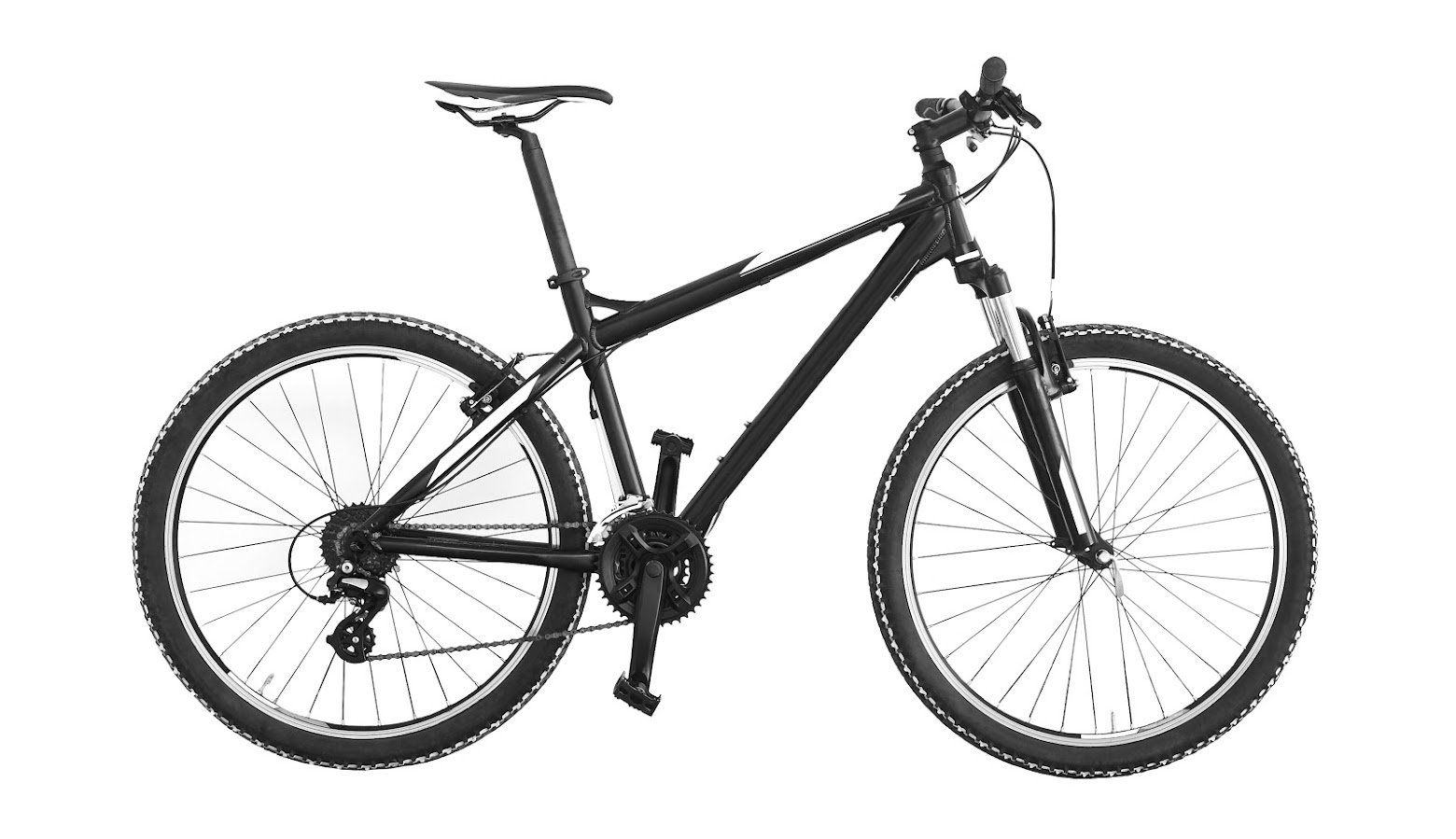 Black mountain bike on a white background, viewed from the side.
