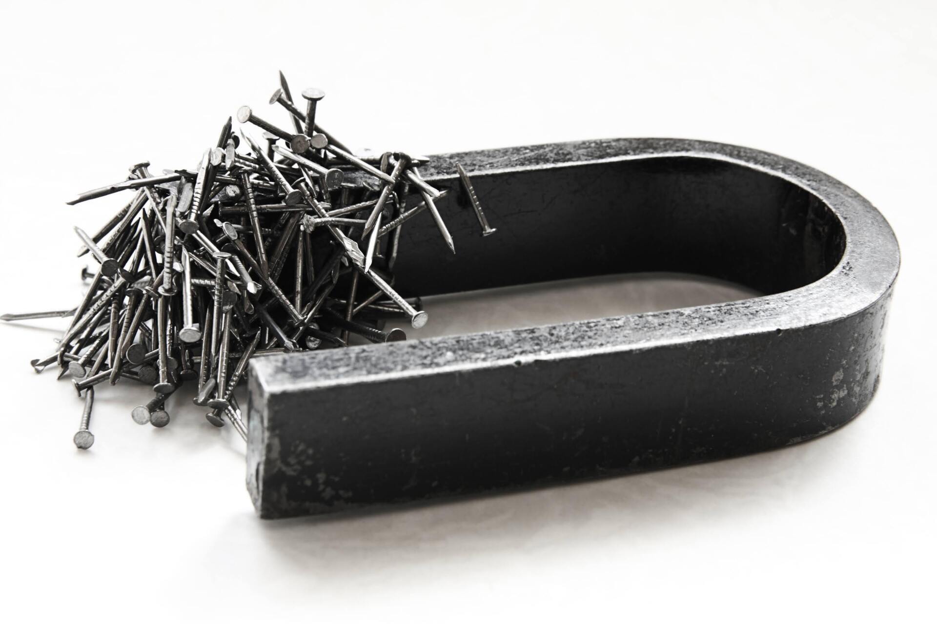 U-shaped magnet attracting a pile of small nails on a white surface.