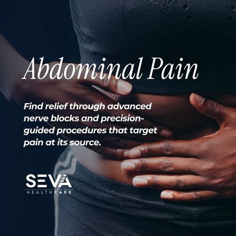 Woman holding lower abdomen with text “Abdominal Pain” and SEVA Healthcare logo on dark background