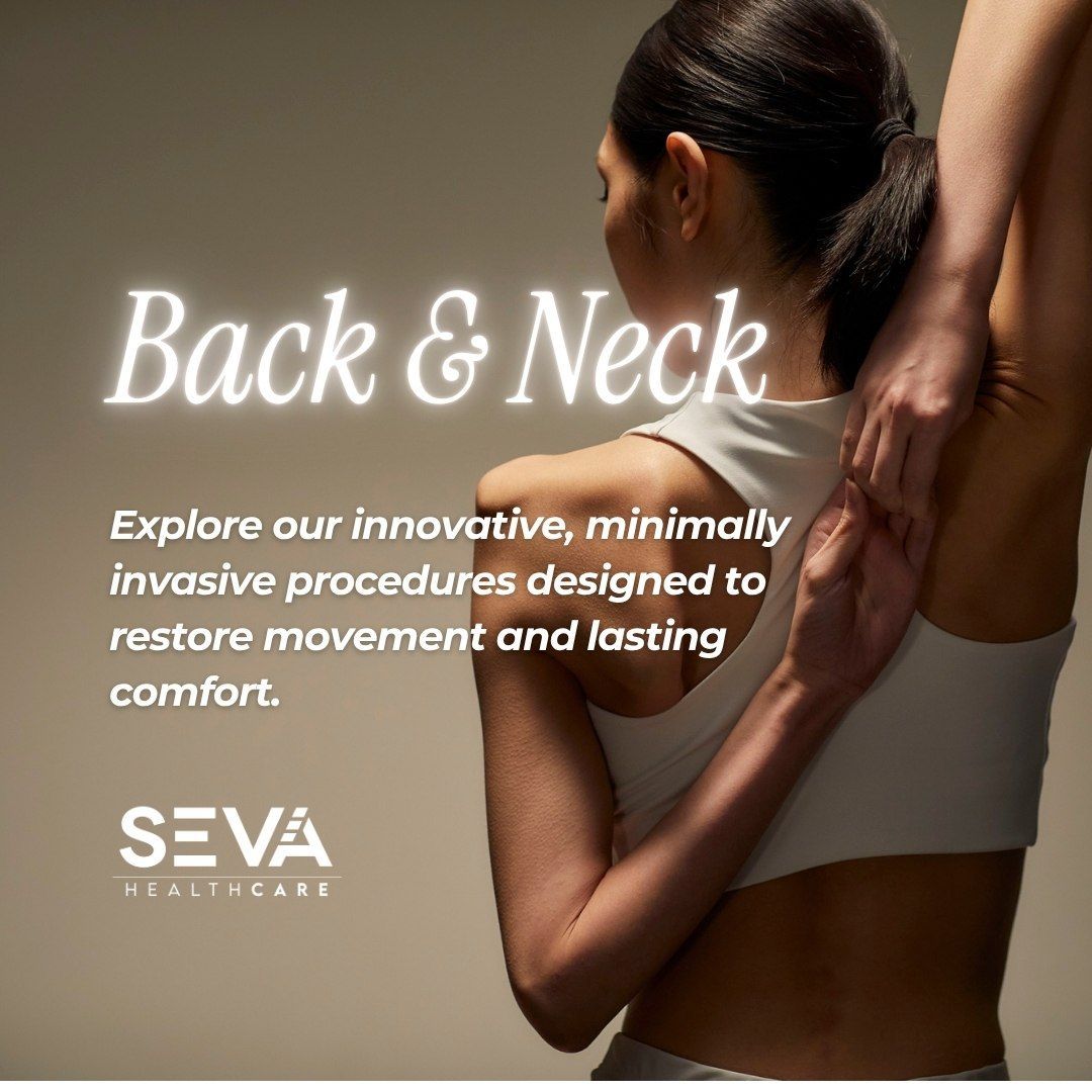 Woman touching her neck and shoulder beside text promoting back and neck minimally invasive care