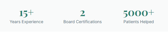 15+ years experience, 2 board certifications, and 5000+ patients helped stats in teal text